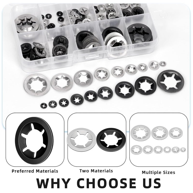 Glarks 209pcs 65Mn-Steel Internal Tooth Star Lock Washer and 304 Stainless Steel Quick Speed Locking Washer Assortment Kit 9 Sizes Push on Locking Washers with Tweezers for Machinery Manufacturing - Image 3